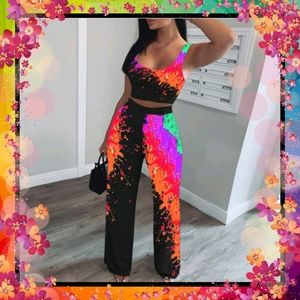 🧡Multi Color Print Top and Wide Leg Pant Set🧡